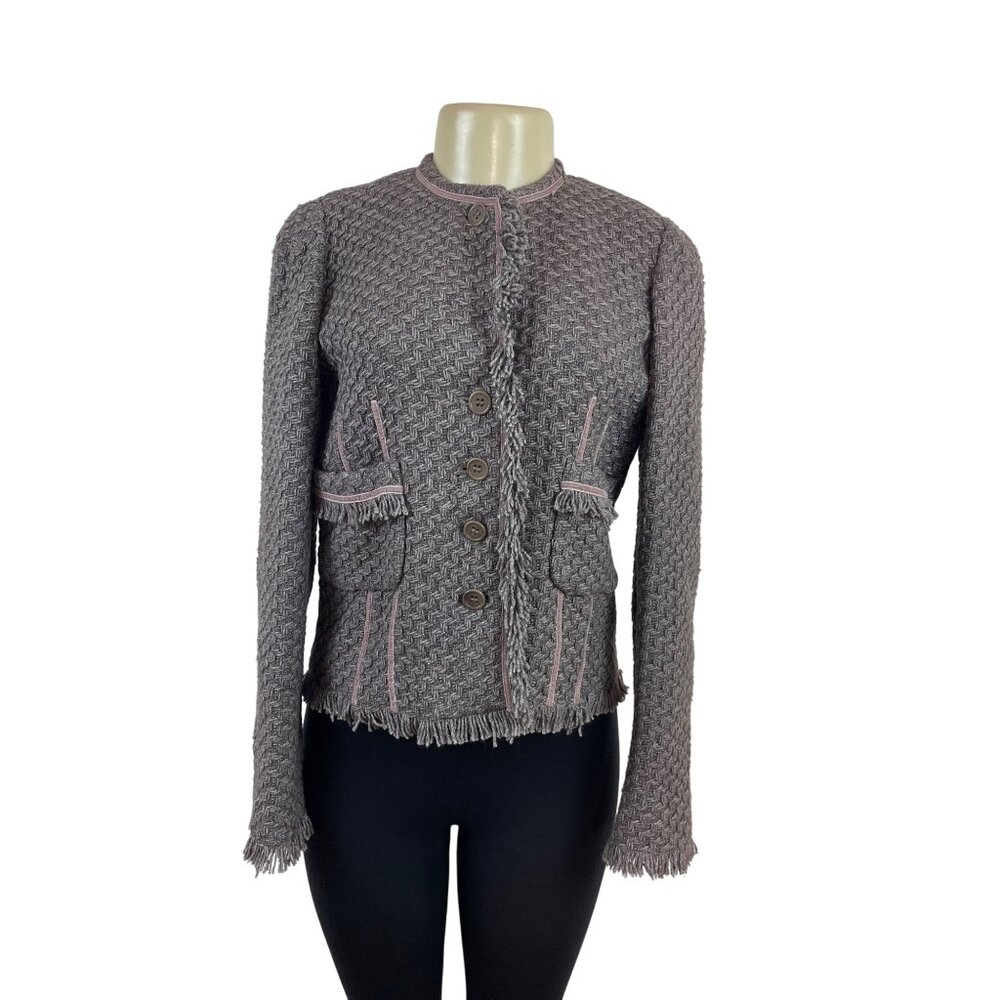 Armani Women’s Gray Button-Up Jacket With Pink Trim Accents Long Sleeves Sz 8